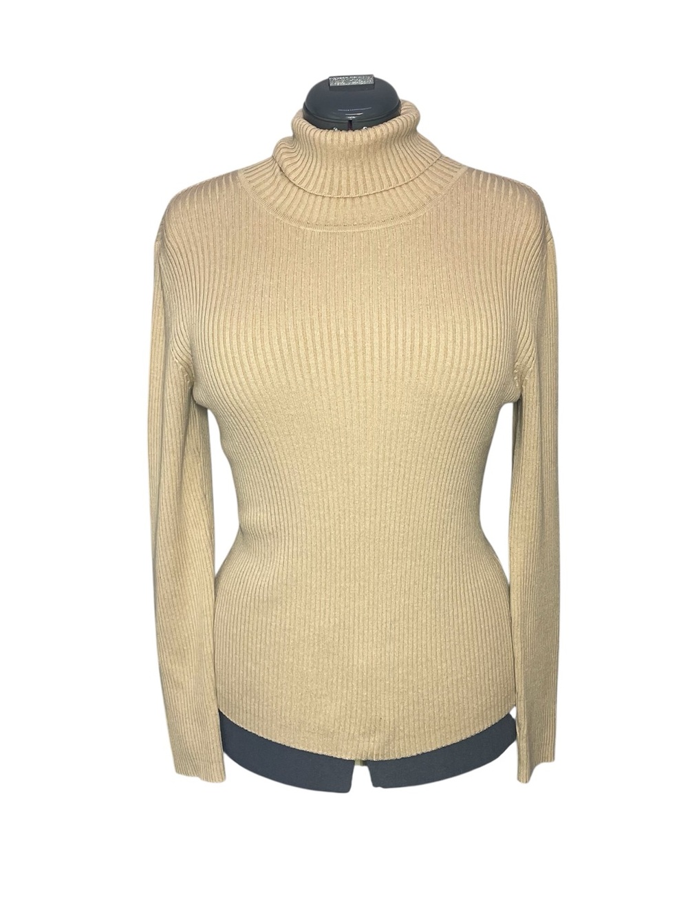 Chico’s Ribbed Silk Turtleneck Shirt Top Size 2 10 12 L Tan Stretchy Sweater